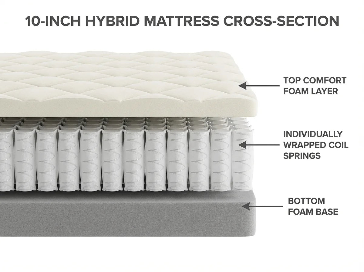 ComfortNest 10" Pocketed Hybrid Spring Mattress | Individually Wrapped Coils + Memory Foam